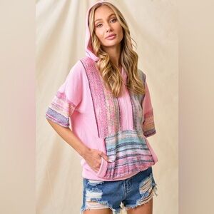 Pink French terry stitched texture Aztec tribal boho bohemian hoodie pullover